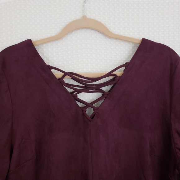 Gili Midi Dress Faux Suede Lace Up Neck Dress Wine Plum size Large Boho Retro - Picture 3 of 9